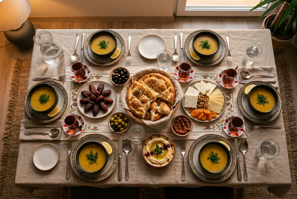 Pide, hurma ve çorbayla hazırlanmış geleneksel iftar yemeği